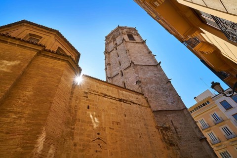 Valencia Plaza de la Virgen square and Miguelete tower and Cathedral at Spain