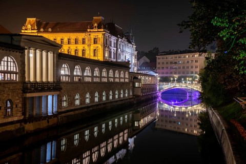 Iconic building of the central market in Ljubljana illuminated at night, the bridge of Preseren