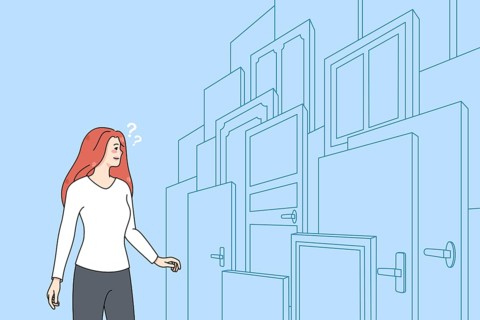 Confused woman in front of numerous doors find right solution or option. Frustrated female make