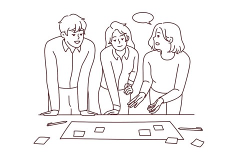 Businesspeople brainstorm at office meeting discuss business ideas with sticky notes together.