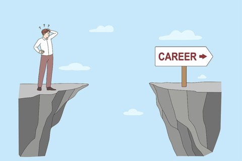 Confused businessman stand in front of cliff make risky business decision or choice. Frustrated man