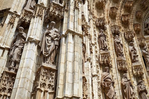 Seville cathedral facade in Constitucion avenue of Sevilla Andalusia Spain