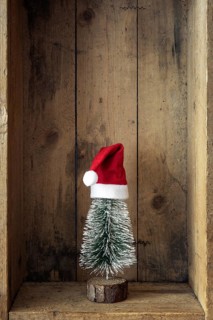 Christmas decoration Santa Claus hat and tree in a wooden box background