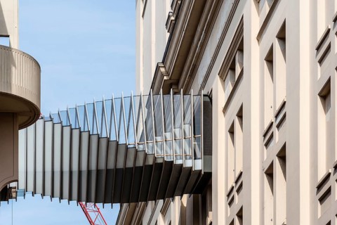 London, UK, May 15, 2019: Modern design bridge between two buildings in Covent Garden. Located in