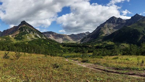 Scenery panoramic mountain landscape of Kamchatka Peninsula: early autumn view of Mountain Range