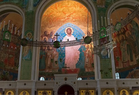Moscow, Russia, November 11, 2019: Wall painting in an Orthodox church. Church of the Resurrection