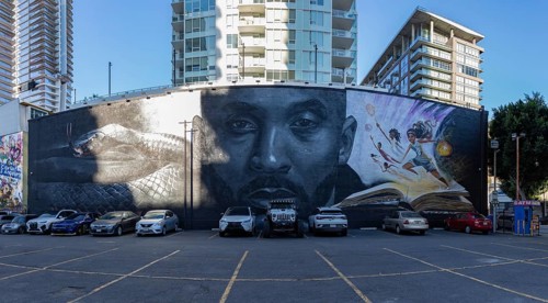 A picture of the Kobe Bryant Grana mural, featuring artwork by Odeith and Nikkolas Smith, created