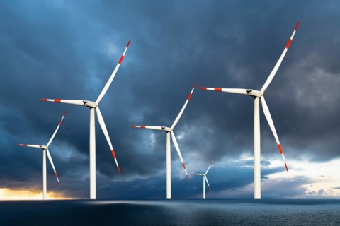 Wind turbines in the North Sea, thunderstorm, Lower Saxony, Federal Republic of Germany
