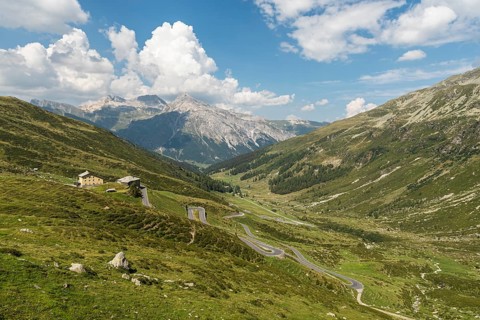 View of the hairpin bends of the Splügen Pass road, Splügen, Canton Graubünden, Switzerland, Europe