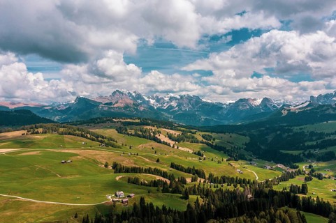 Panoramic view from the Seiser Alm to the Dolomites in Italy, drone shot