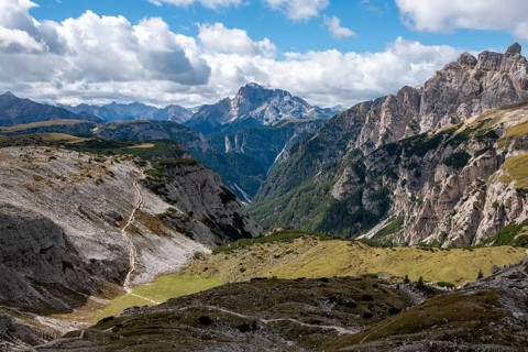 Scenic calm mountain landscape in the surroundings of the famous Three Peaks mountains, Dolomites