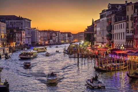 Evening view of the Grand Canal, on the right the Riva del Vin, jetty, gondolas, boats, Venice,