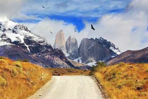 Dirt road to the famous Torres del Paine rocks. National Park in southern Chile