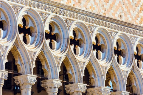 Doge's Palace is monument of Italian Gothic architecture. Decor element. Magical journey to