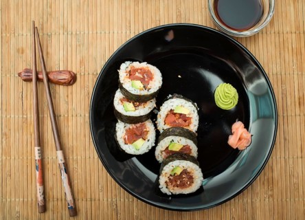 Plate of sushi in restaurant