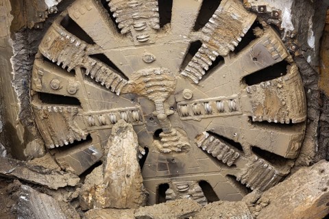 Tunnel Boring Machine front head element is seen on a subway station under construction