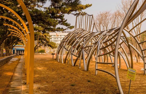Buan Beach, South Korea, Jan. 5, 2023: Side view of metal sculpture of fish called Dream Fish by Ja