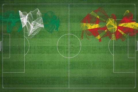 Nigeria vs North Macedonia Soccer Match, national colors, national flags, soccer field, football