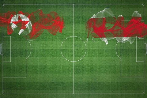 North Korea vs Costa Rica Soccer Match, national colors, national flags, soccer field, football
