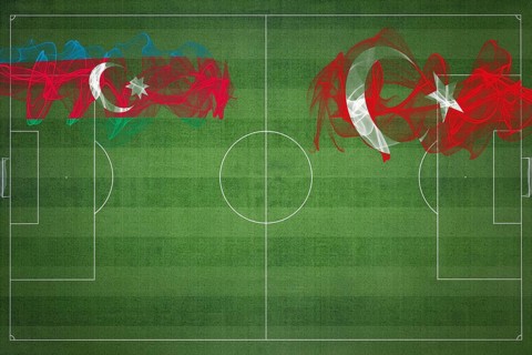 Azerbaijan vs Turkey Soccer Match, national colors, national flags, soccer field, football game,
