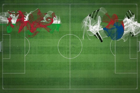 Wales vs South Korea Soccer Match, national colors, national flags, soccer field, football game,