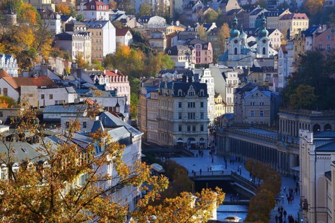 View from the Hotel Thermal to the spa centre of Karlovy Vary, in the background the Hotel