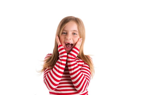 Blond indented kid girl open mounth and hands happy expression gesture on white