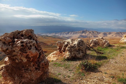 Gorgeous clear day in the Judean desert. Huge boulders along the roads, clear skies