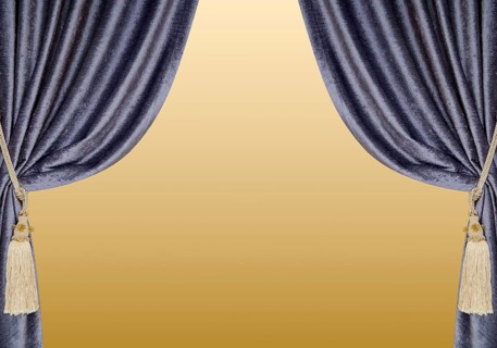 Grey blue curtains with supports and tassels over golden gradient