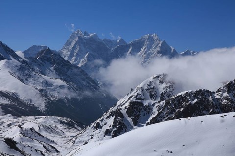 High mountains Kangtega and Thamseku in spring. View from Gokyo, Sagarmatha National Park, Nepal,