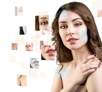 Young woman's face collected from different parts over white background