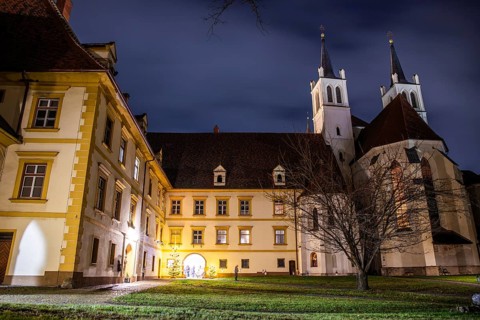 Abbey courtyard of Göß Abbey, night shot, former convent of the Benedictine nuns, Leoben, Styria,