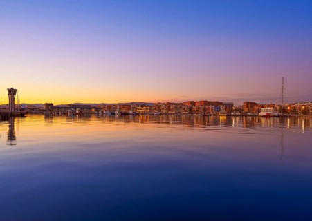 Tarragona port sunset with sea reflection in Catalonia