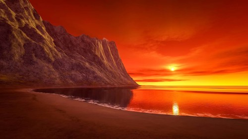 3d rendering of a beautiful fantasy sunset over the ocean