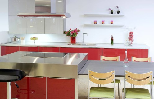 Red island kitchen silver modern interior house architecture