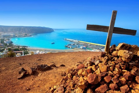 Aerial view of Los Cristianos beach in Arona Tenerife Canary Islands