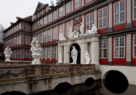 Wolfenbüttel Castle Portal façade partial view with moat and castle bridge present appearance
