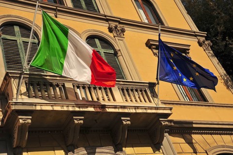 Italian national flag and the European flag