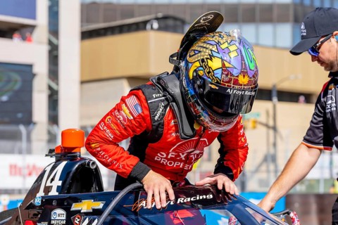 INDYCAR driver, SANTINO FERRUCCI (14) of Woodbury, Connecticut, prepares to practice for the