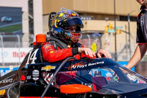 INDYCAR driver, SANTINO FERRUCCI (14) of Woodbury, Connecticut, prepares to practice for the