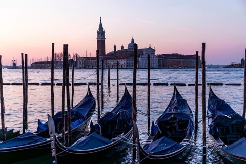 Dawn, Venetian gondolas with the church of San Giorgio Maggiore in the background, Venice, UNESCO