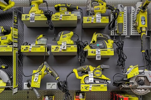 RYOBI cordless tools, grinders, drills, saws in a DIY store, Allgäu, Swabia, Bavaria, Germany,