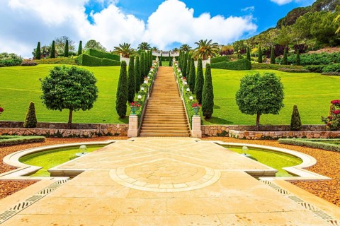 Bahai World Center. Pilgrimage center and popular tourist destination. Clear sunny day by the sea.