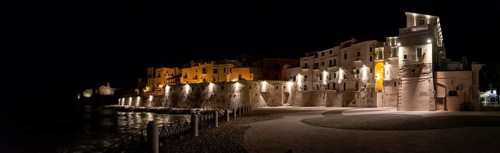 Beautifully illuminated city wall at the coast of Vieste in Gargano, Italy, Europe