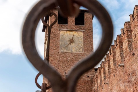 Scenic view of a tower of the medieval Castelvecchio castle in Verona, Italy, Europe