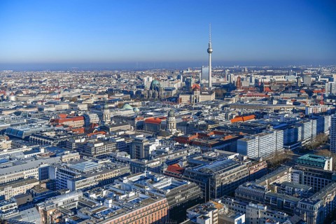 Aerial view, TV tower, Leipziger Straße, Friedrichsstraße, Berlin Cathedral, Gendarmenmarkt, Berlin