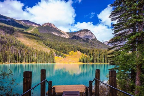 Magic Emerald Lake in Yoho National Park, Rocky Mountains. The descent to the water on the lake