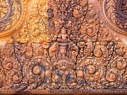 A wall of the 'Citadel of the Women' covered with beautifully carved ornamentation, Banteay Srei,