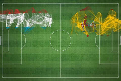 Luxembourg vs Spain Soccer Match, national colors, national flags, soccer field, football game,