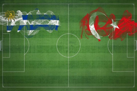 Uruguay vs Turkey Soccer Match, national colors, national flags, soccer field, football game,